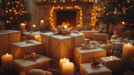 cozy christmas atmosphere with gifts and candles