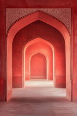 Fototapeta premium beautiful sunrise view of the taj mahal from an ornate red archway, vibrant colors, national geographic photography --ar 2:3 --profile mtnj5gy --v 6.1 Job ID: a6489568-a5ed-4e03-a784-e7a4e71ea06e