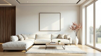 Modern minimalist living room interior design featuring a sectional sofa, coffee table, large framed artwork, and accent plant