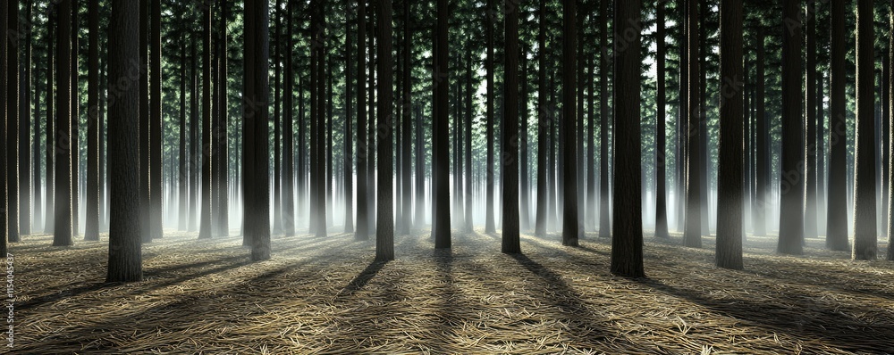 Poster a serene forest scene with tall trees and mist creating a tranquil atmosphere.