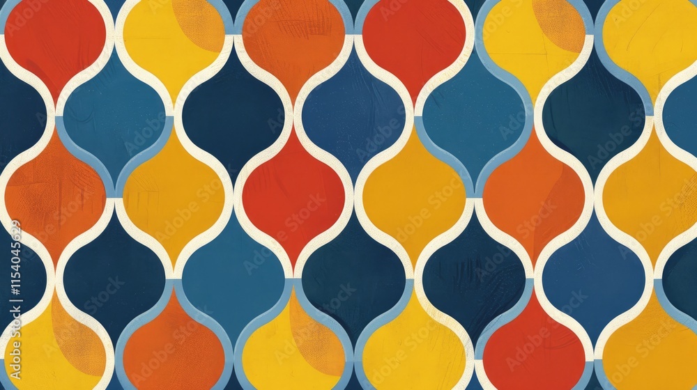 Poster a colorful geometric pattern featuring interlocking shapes in vibrant hues.