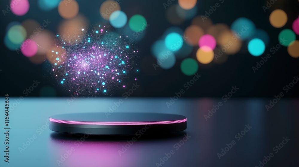 Poster vibrant neon bokeh scene with blending colors and sparkling particles on a glossy surface capturing 