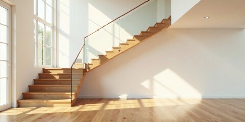Obraz premium Modern minimalist home interior showcasing a sleek wooden staircase with glass railing, bathed in natural sunlight streaming through a large window, creating a bright and airy atmosphere