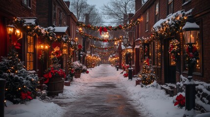 charming winter street decorated for the holidays
