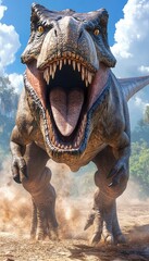 Naklejka premium A roaring dinosaur in a prehistoric landscape, showcasing its power and ferocity.