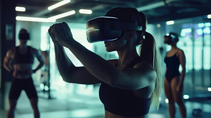 Silhouetted woman using a VR headset during a group workout in a high-tech gym, emphasizing virtual reality fitness innovation.
