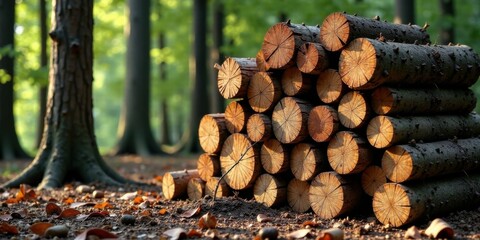 A stack of neatly arranged wood logs rests on the forest floor, bathed in sunlight filtering through the trees.