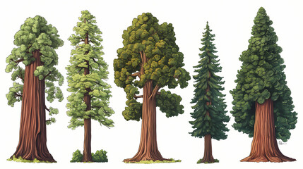 Redwood tree, collection of sequoia trees. Sequoia. Illustration