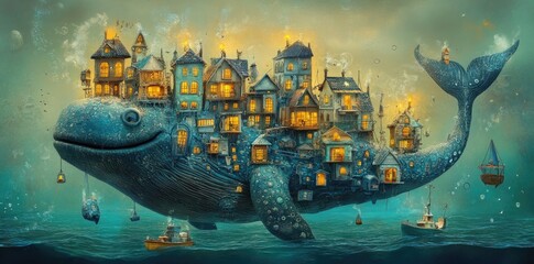 A Whale Supports A Town Of Illuminated Houses