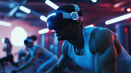 Close-up of a man cycling during a virtual reality workout session in a futuristic gym illuminated with vibrant neon lights.
