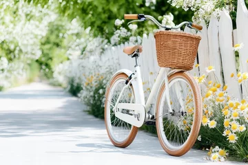 Fototapete Rund Vintage bicycle with basket on sunny floral pathway © EvgeniiasArt