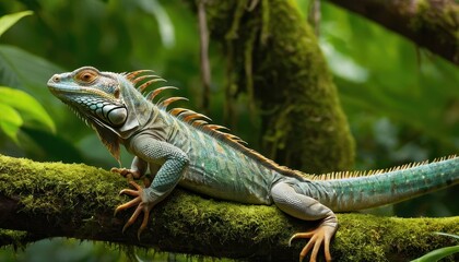 Fototapeta premium A striking iguana with vibrant green and orange hues basking on a moss-covered branch in the heart of the jungle, perfect for nature and wildlife lovers