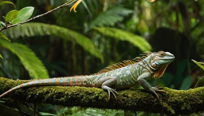 Fototapeta premium A vibrant iguana perched on a mossy branch in a lush tropical jungle, showcasing its intricate scales and vivid colors against a green natural backdrop