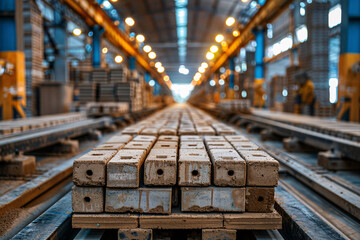 Fototapeta premium Rows of concrete blocks are aligned on tracks in a construction yard, illuminated by warm overhead lights in the evening. Workers can be seen in the background, engaging in various activities.