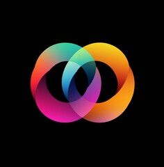 Fototapeta premium Two vibrant, gradientfilled circles interlock, creating a visually appealing, abstract symbol against a black background. The design uses a spectrum of colors.