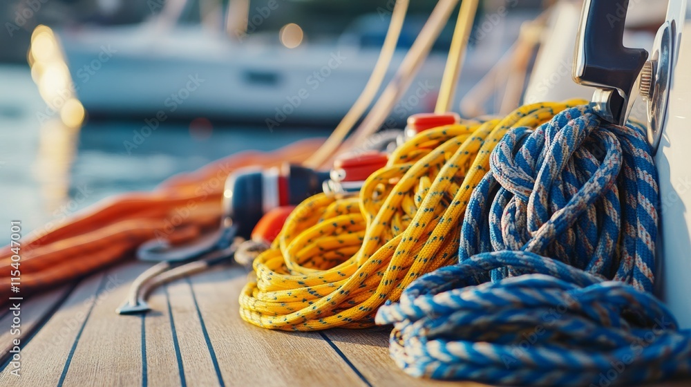 Poster a well-organized sailing setup at a marina, sailing gear and ropes neatly arranged on a dock, minima