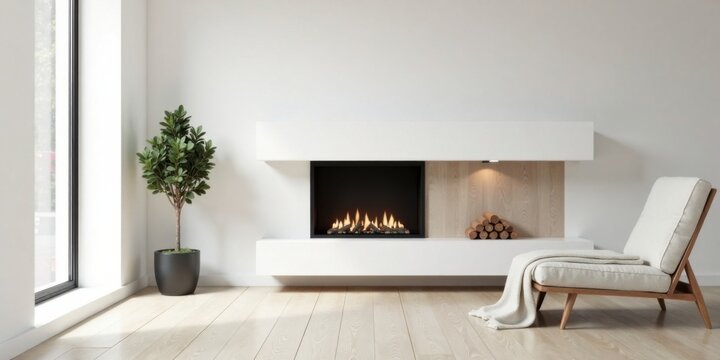 Modern minimalist living room featuring a sleek, built-in fireplace and a comfortable lounge chair, perfect for relaxation and enjoying a cozy ambiance