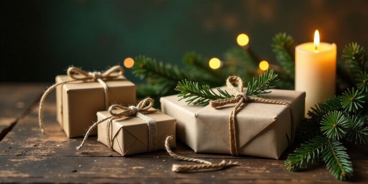 Rustic Wrapped Gifts Beside a Lit Candle and Evergreen Branches on a Wooden Surface
