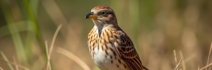 A Striking Close-Up of a Brown and White Bird with Distinctive Yellow Eyes and Black Beak Perched Amongst Dry Grass Under the Warm Sunlight
