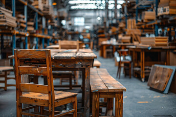 A collection of wooden chairs and tables occupies the interior of a large, well-lit woodworking warehouse. The arrangement highlights craftsmanship and available workspace.