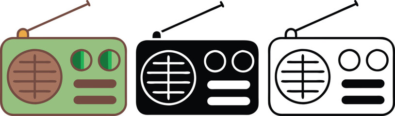Retro Radio Icons Green, Black, and Outline Designs