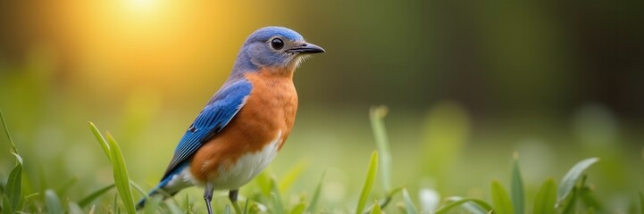Obraz premium Eastern Bluebird Perched in Grass Bathed in Golden Sunlight A Captivating Glimpse of Nature's Beauty