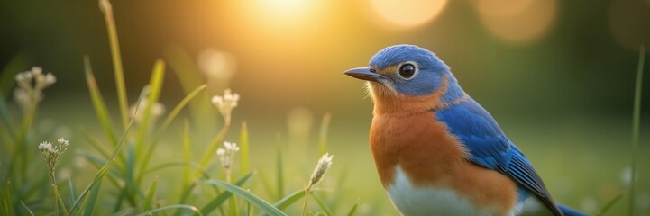 Fototapeta premium Eastern Bluebird basks in the golden hues of the setting sun amidst tall green grass and delicate wildflowers creating a picturesque scene of serenity