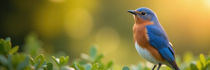 A Vibrant Eastern Bluebird Perched in a Softly Lit Garden with Green Foliage and Golden Bokeh Highlights its Colorful Plumage