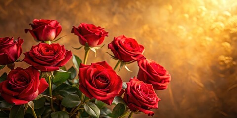 Obraz premium Luxuriant red roses against a warm beige wall, with soft golden light illuminating the elegant blooms, wallpaper