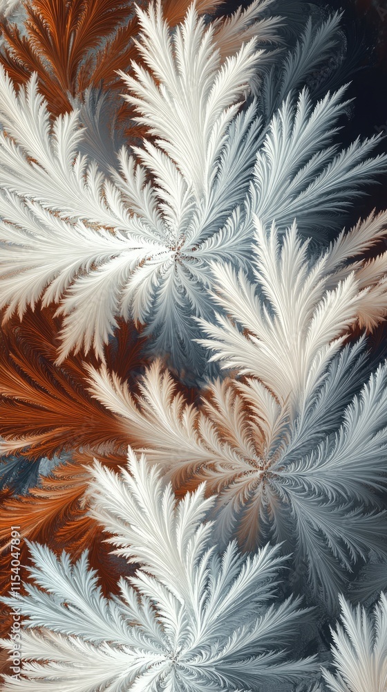 Poster abstract design featuring intricate, frosty leaf patterns in shades of white and brown.