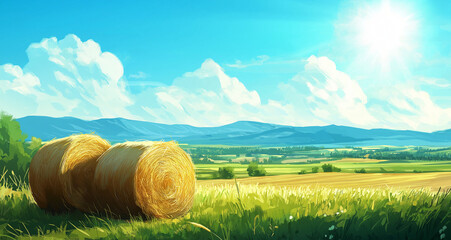 Summer Hay Bales, Sunny Landscape, Rural Fields, Golden Harvest