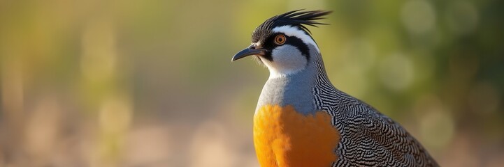 Fototapeta premium Elegant Crested Quail Portrait Displaying Its Distinctive Feathers And Striking Color Palette Against A Blurry Natural Backdrop