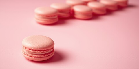 Obraz premium A single pink macaron sits apart from a blurred group of similar pastries on a pale pink background