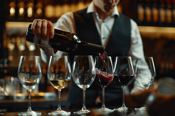 Fototapeta premium Generative AI image of sommelier pouring wine into glass during professional wine tasting in restaurant