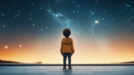 A Young Child Gazes at a Starry Sky: An Enchanting Anime-Inspired Scene of Wonder and Curiosity Under a Captivating Cosmos