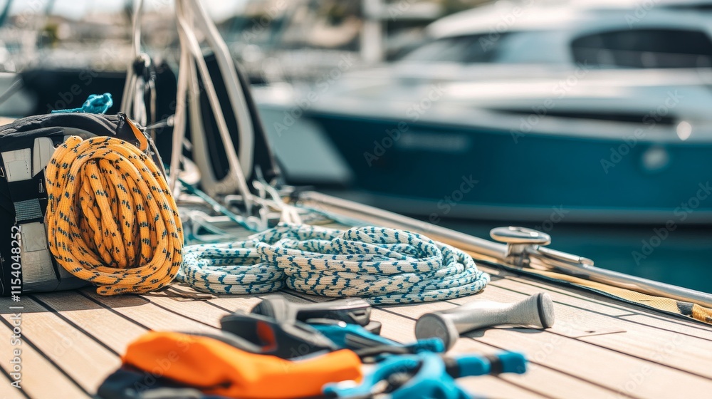 Poster a well-organized sailing setup at a marina, sailing gear and ropes neatly arranged on a dock, minima