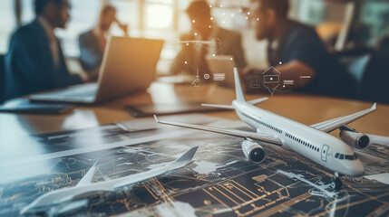 A model airplane on a digital tablet displays augmented reality schematics, data visualizations, and engineering designs, overlaid on blurred office background.