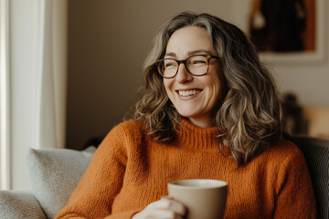 Smiling Woman in Orange Sweater, Cozy Home, Warm Drink, Glasses
