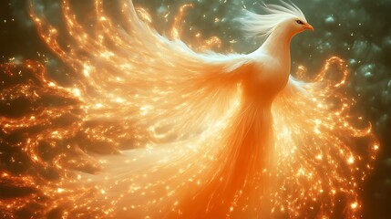 Fiery phoenix bird in flight, glowing feathers.