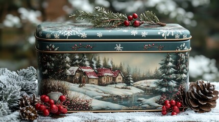 Rustic Christmas tin box with winter landscape
