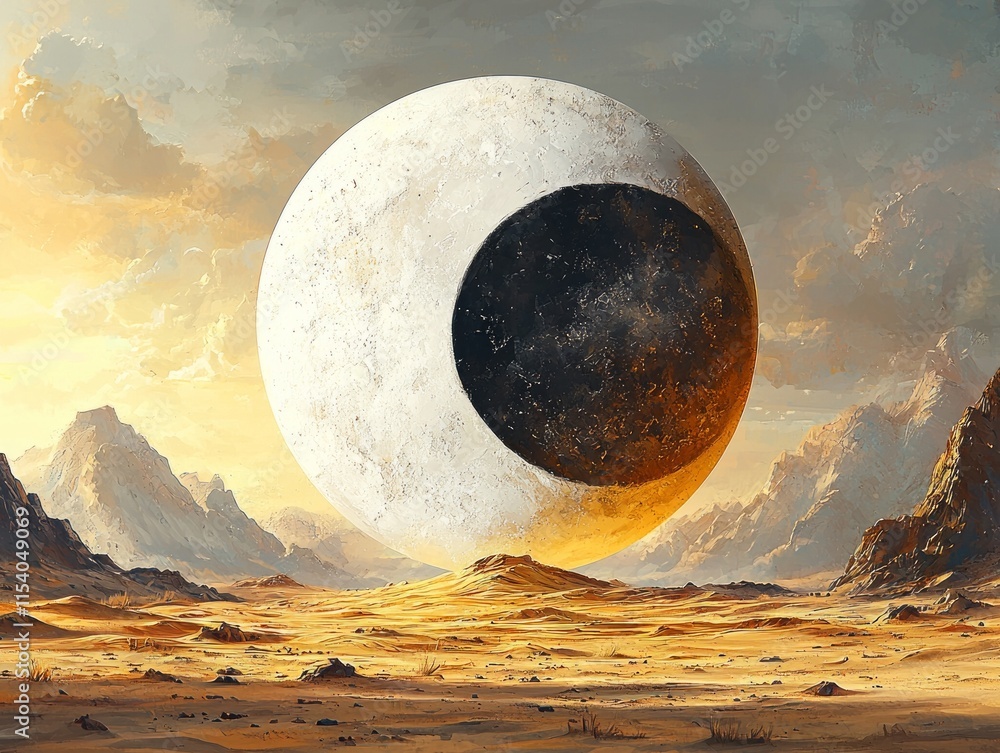 Poster harmonious yin yang symbol crafted from swirling wind and stone rests in geometric desert setting. s