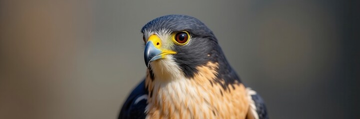Fototapeta premium Portrait of a Peregrine Falcon with striking yellow eye ring and intense gaze capturing its regal and predatory nature in a close up shot