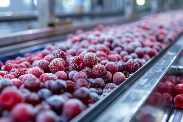 A large quantity of fresh red raspberries is being processed on a conveyor belt, ready for packaging at a commercial facility. The fruit appears frosted, indicating recent chilling.