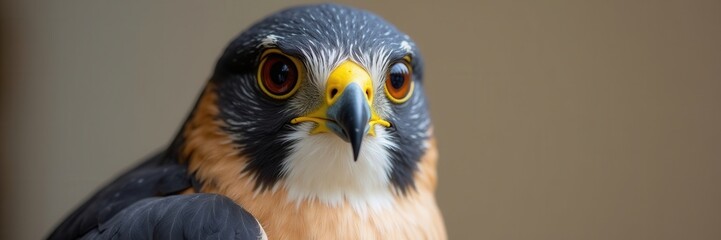 Fototapeta premium A Sharp Focus on a Peregrine Falcon's Intense Gaze Revealing a Majestic Bird of Prey with Striking Colors and a Determined Look in its Amber Eyes