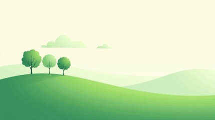 Serene landscape illustration featuring a gentle green hill, three lush trees, and soft, fluffy clouds in a pastel sky.