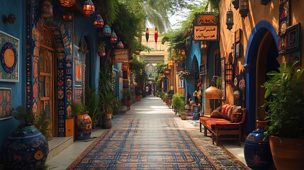 Fototapeta premium Colorful marketplace alley with vibrant shops, intricate tilework, and traditional decor.