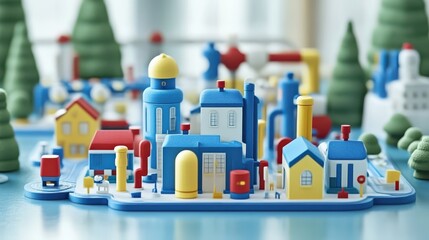 Miniature city model with houses, factories, and trees.