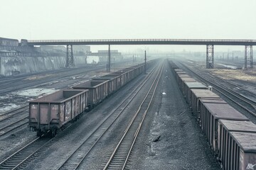 Naklejka premium Industrial Railroad Tracks with Freight Cars Under a Bridge in a Misty Day. A Majestic View of a Busy Transportation Hub. A Long Perspective of Railway Infrastructure. 