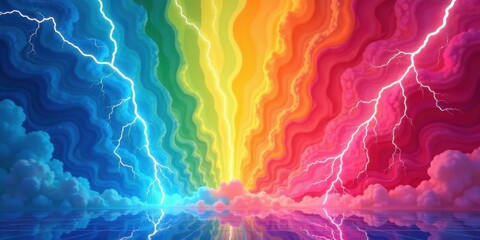 Obraz premium Vibrant Rainbow Cloudscape with Electrifying Lightning Bolts Reflecting on a Serene Waterscape