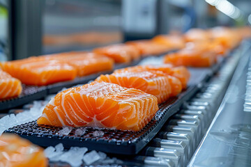 Bright orange salmon fillets rest on trays filled with ice at a seafood market, showcasing their fresh appearance and inviting texture amid a lively atmosphere and vibrant colors.
